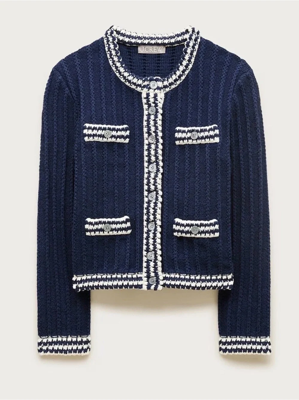 J.Crew Crochet Lady Jacket Cardigan Navy Ivory Cotton Pointelle Sweater M